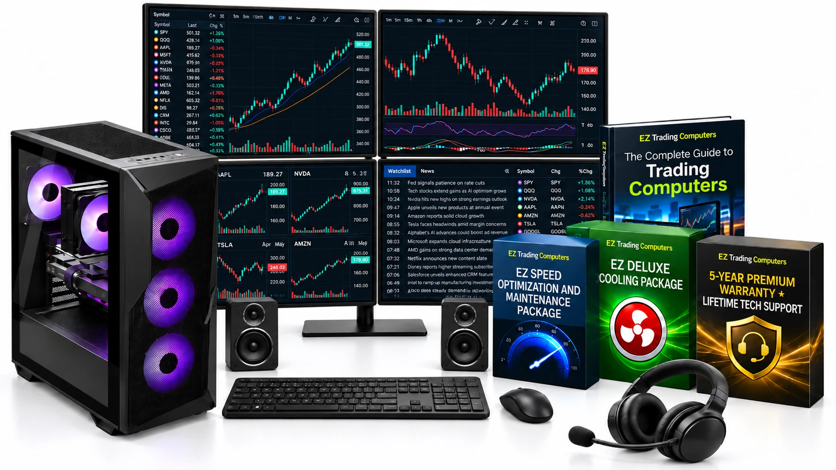 Free upgrades with an EZ Trading Computer: wireless keyboard, mouse and speakers, headphones, deluxe cooling package, and the Complete Guide to Trading Computers